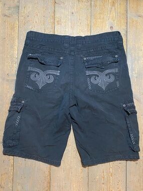 Y2K Affliction Black Cargo Shorts with Embroidered Back Pockets grunge/skater